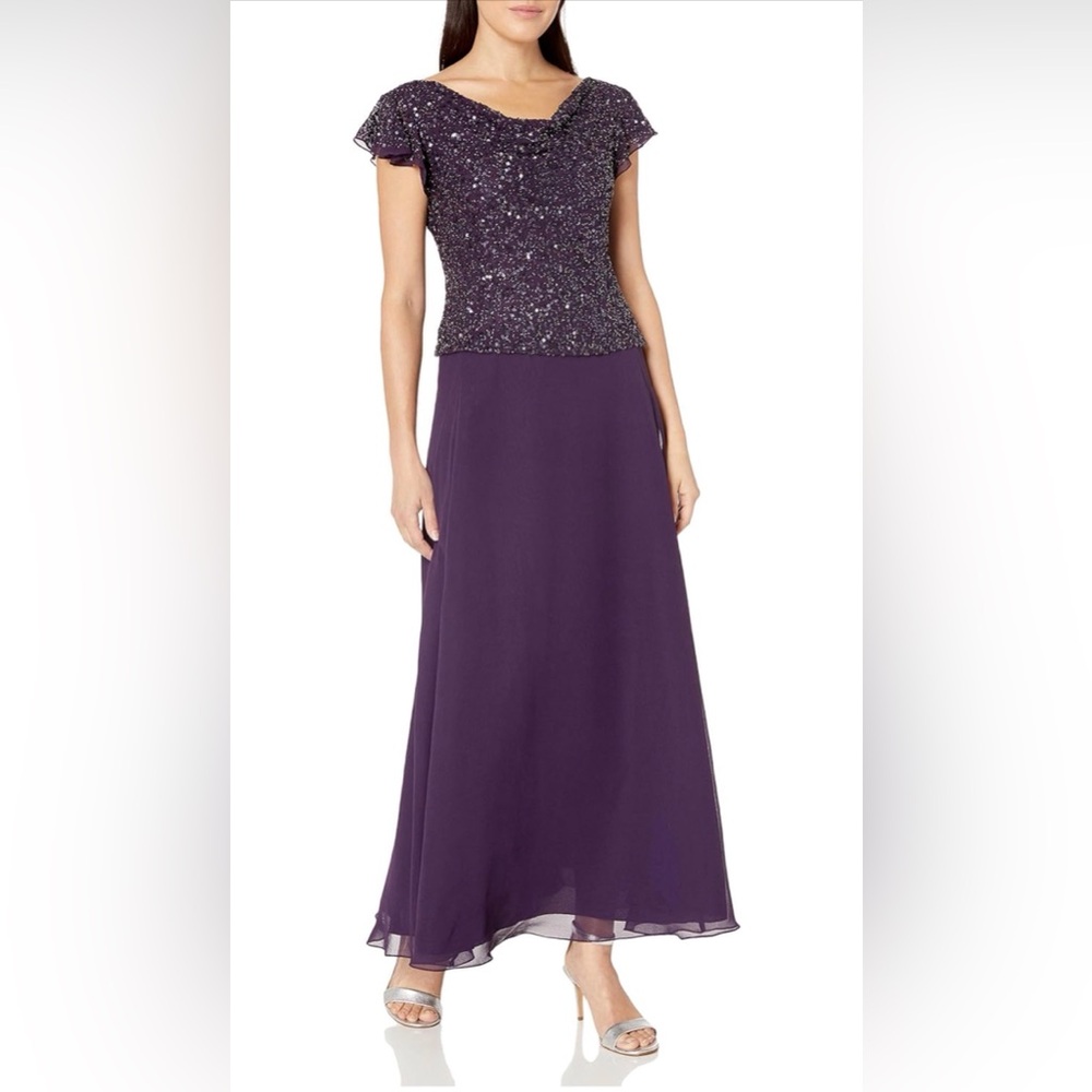 J Kara Womens Long Beaded Cowl Neck Flutter Sleeve Gown Dress